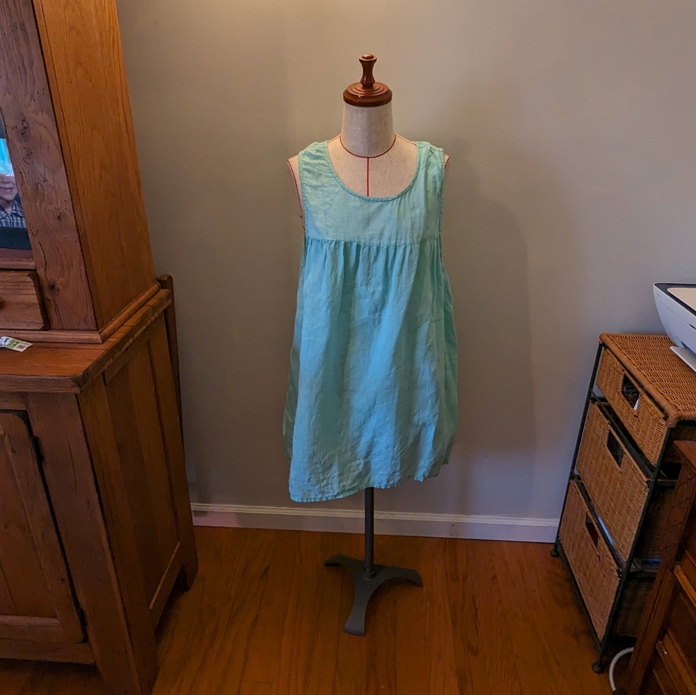 Marie Eiffel Size L Light Blue Tunic Blouse Top 100% Cotton Lagenlook Sleeveless